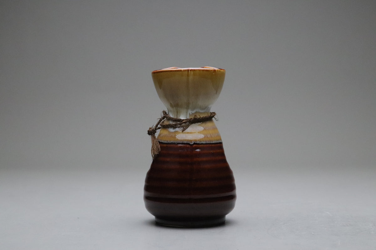Japanese Sake Set 4 Pieces with 2 Tokkuri and 2 Ochoko | Vintage Pottery Brown Glaze Ume Plum Flower | Rustic Japanese Servingware Designers