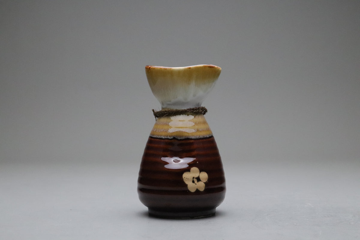 Japanese Sake Set 4 Pieces with 2 Tokkuri and 2 Ochoko | Vintage Pottery Brown Glaze Ume Plum Flower | Rustic Japanese Servingware Designers