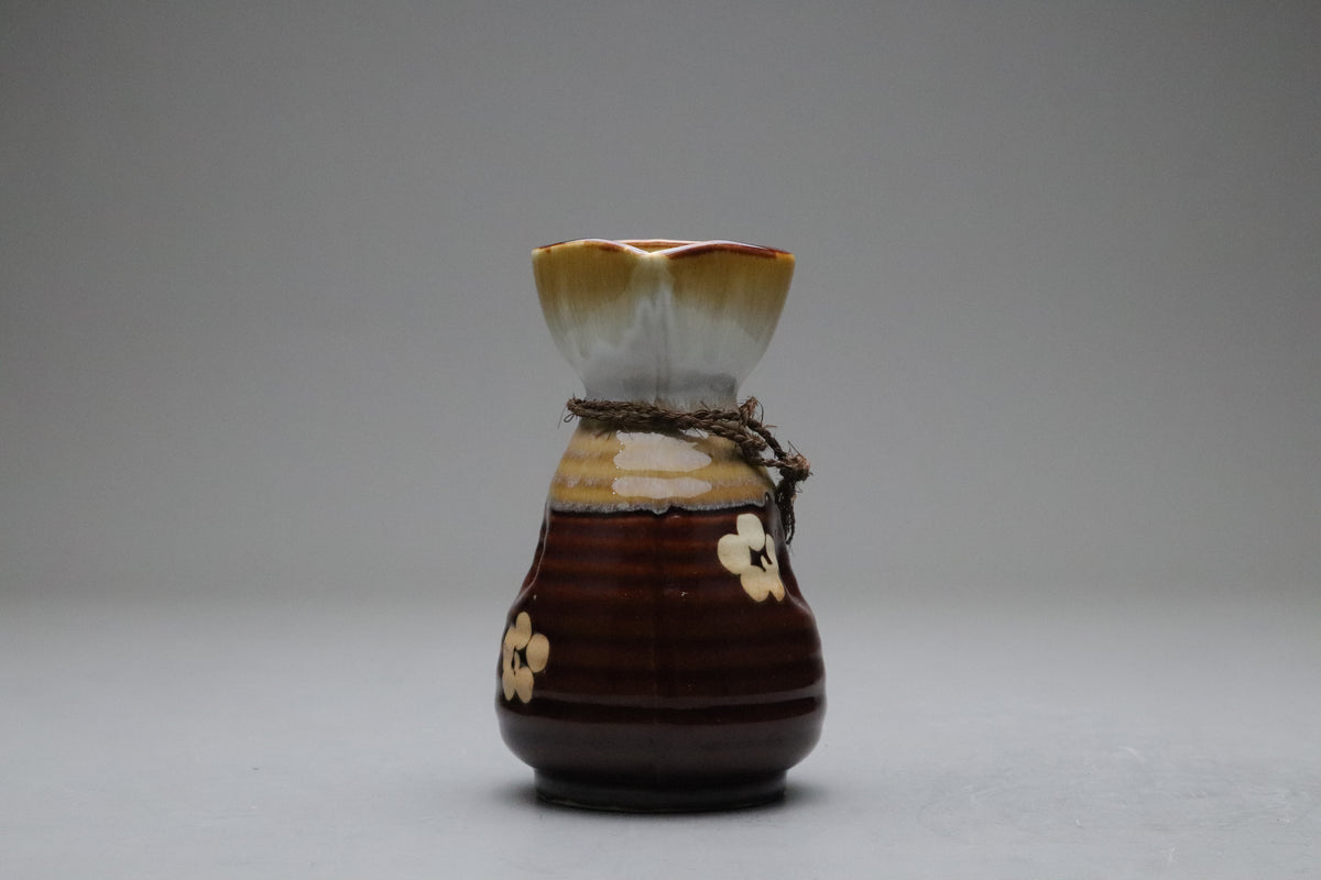 Japanese Sake Set 4 Pieces with 2 Tokkuri and 2 Ochoko | Vintage Pottery Brown Glaze Ume Plum Flower | Rustic Japanese Servingware Designers