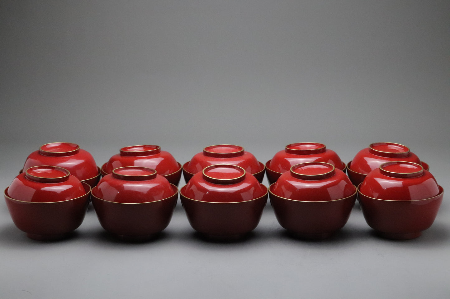 Vintage Japanese Lacquerware | Set of 10 Bowls with Lids | Urushi Vermilion Red | Gold Rim | Miso Soup Bowl | Japan Tableware | Dinner Party
