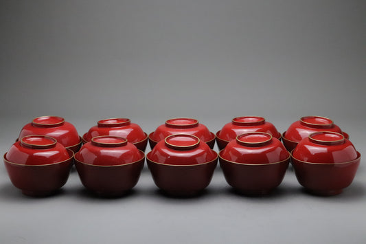 Vintage Japanese Lacquerware | Set of 10 Bowls with Lids | Urushi Vermilion Red | Gold Rim | Miso Soup Bowl | Japan Tableware | Dinner Party