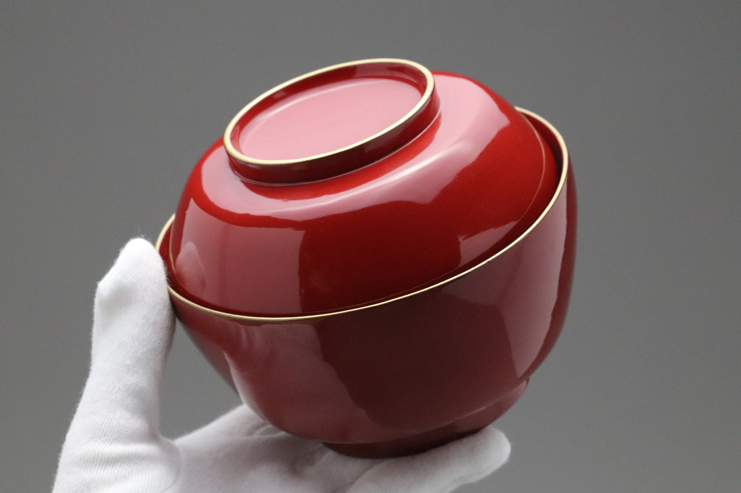 Vintage Japanese Lacquerware | Set of 10 Bowls with Lids | Urushi Vermilion Red | Gold Rim | Miso Soup Bowl | Japan Tableware | Dinner Party