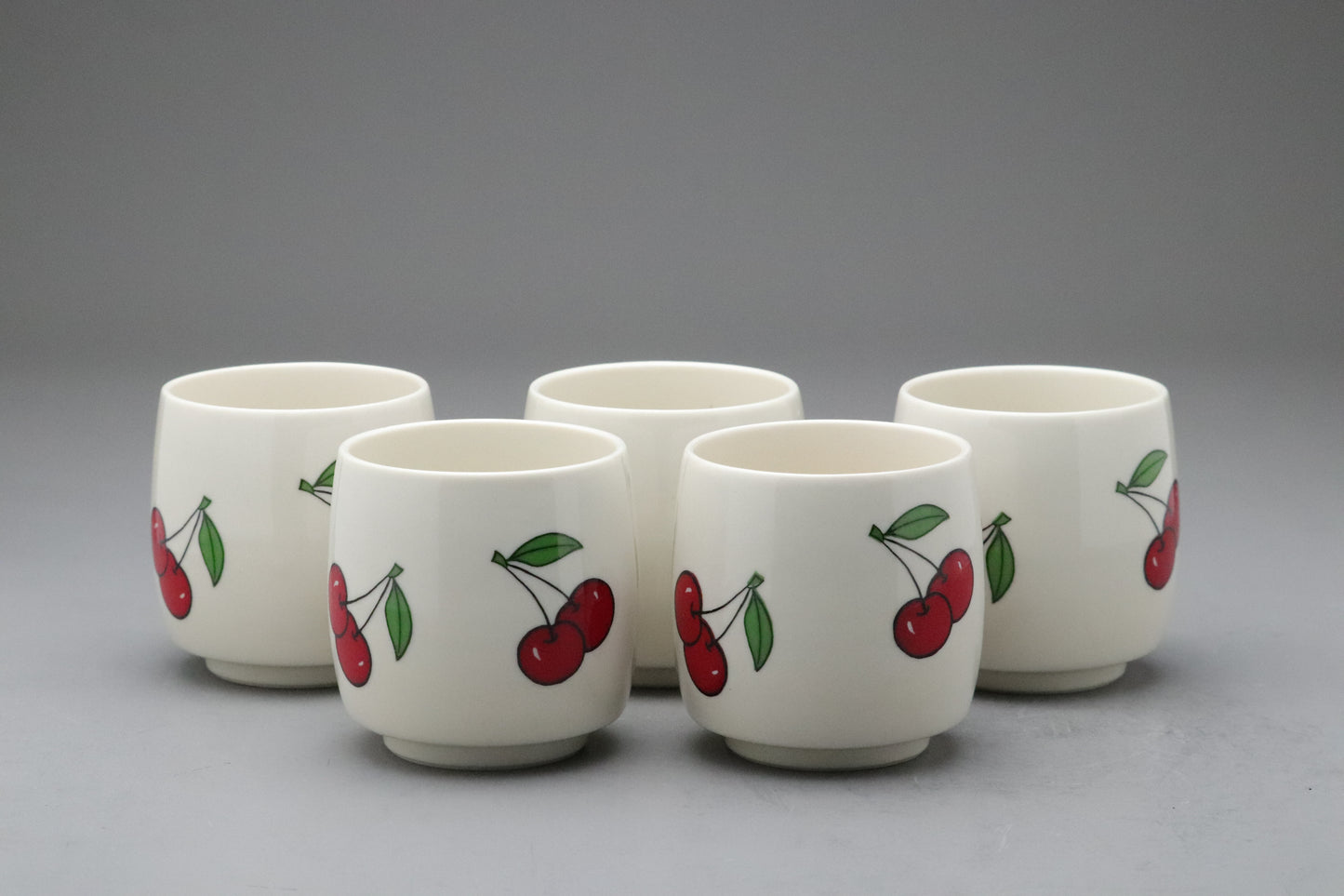 Japanese Tea Cup Set | Cherry Pattern | Yunomi | Set of 5 | Ceramic Pottery | Vintage Style | Kawaii | Retro | Kitchenware | Asian Tableware