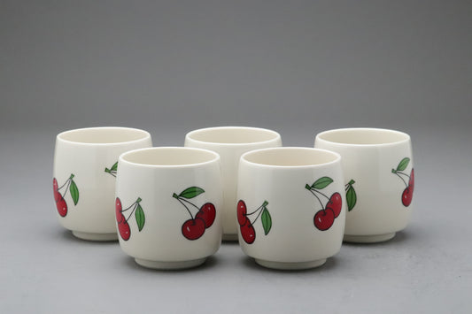 Japanese Tea Cup Set | Cherry Pattern | Yunomi | Set of 5 | Ceramic Pottery | Vintage Style | Kawaii | Retro | Kitchenware | Asian Tableware