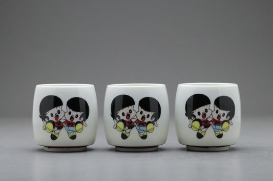 Vintage Yanmar | Yanbo Marbo | Set of 3 | Japanese Yunomi | Retro Advertising | Mascot | Porcelain | Showa Era | Collectible Pottery | Anime
