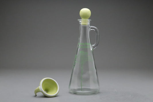 Japanese Glass Dressing Shaker | Flask with Funnel Set | Retro Salad Oil Bottle | Green Stopper | MCM Kitchen Decor | Vintage Recipe Printed
