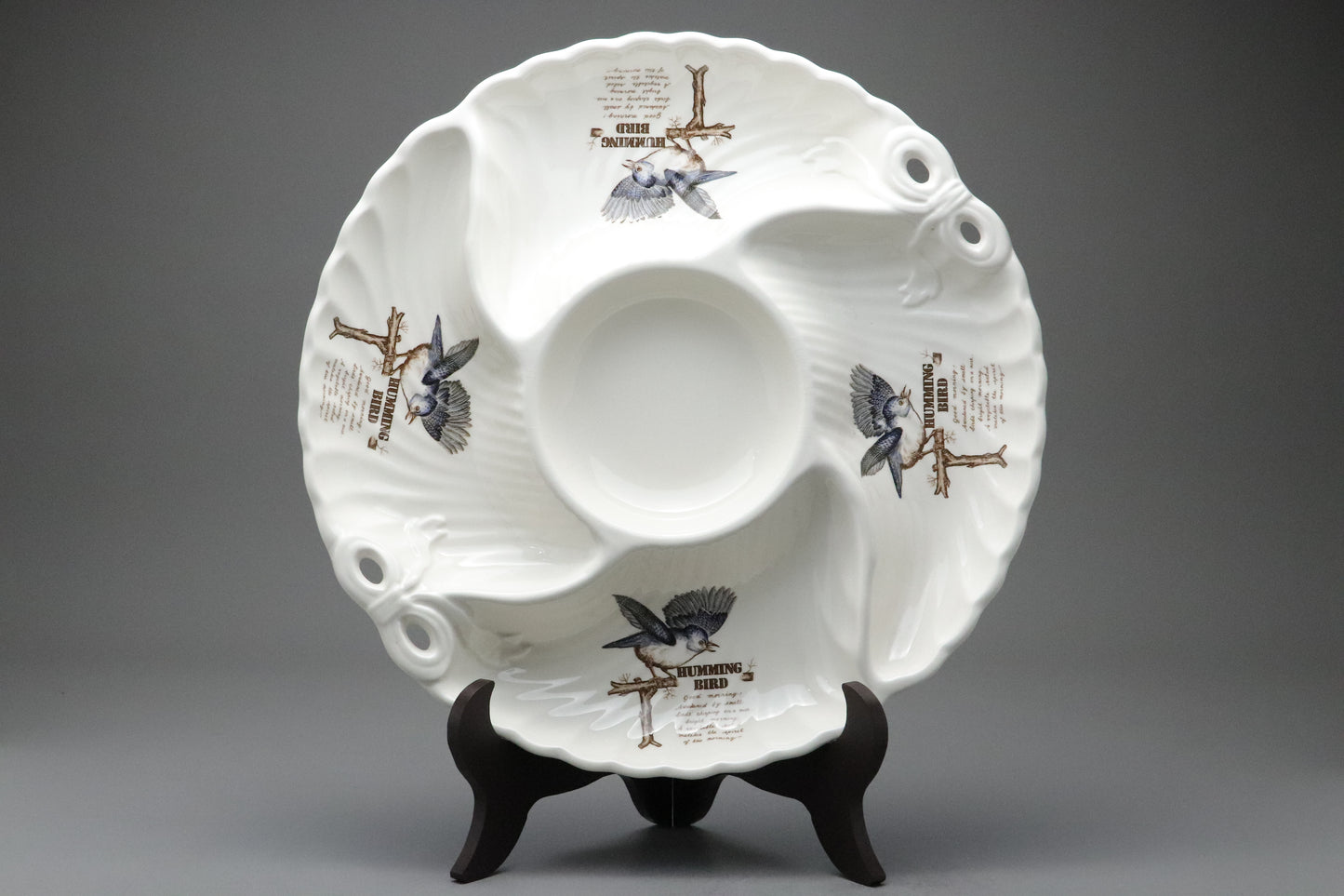 Hanagen Japan | Japanese Pottery | Hummingbird | Divided Serving Plate | Chip and Dip Tray | White Porcelain | Scalloped | Bow Ribbon Relief