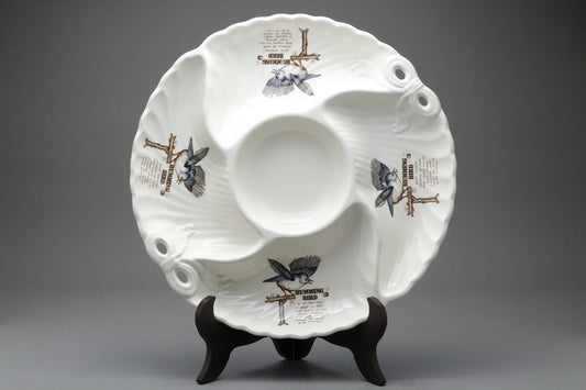 Hanagen Japan | Japanese Pottery | Hummingbird | Divided Serving Plate | Chip and Dip Tray | White Porcelain | Scalloped | Bow Ribbon Relief