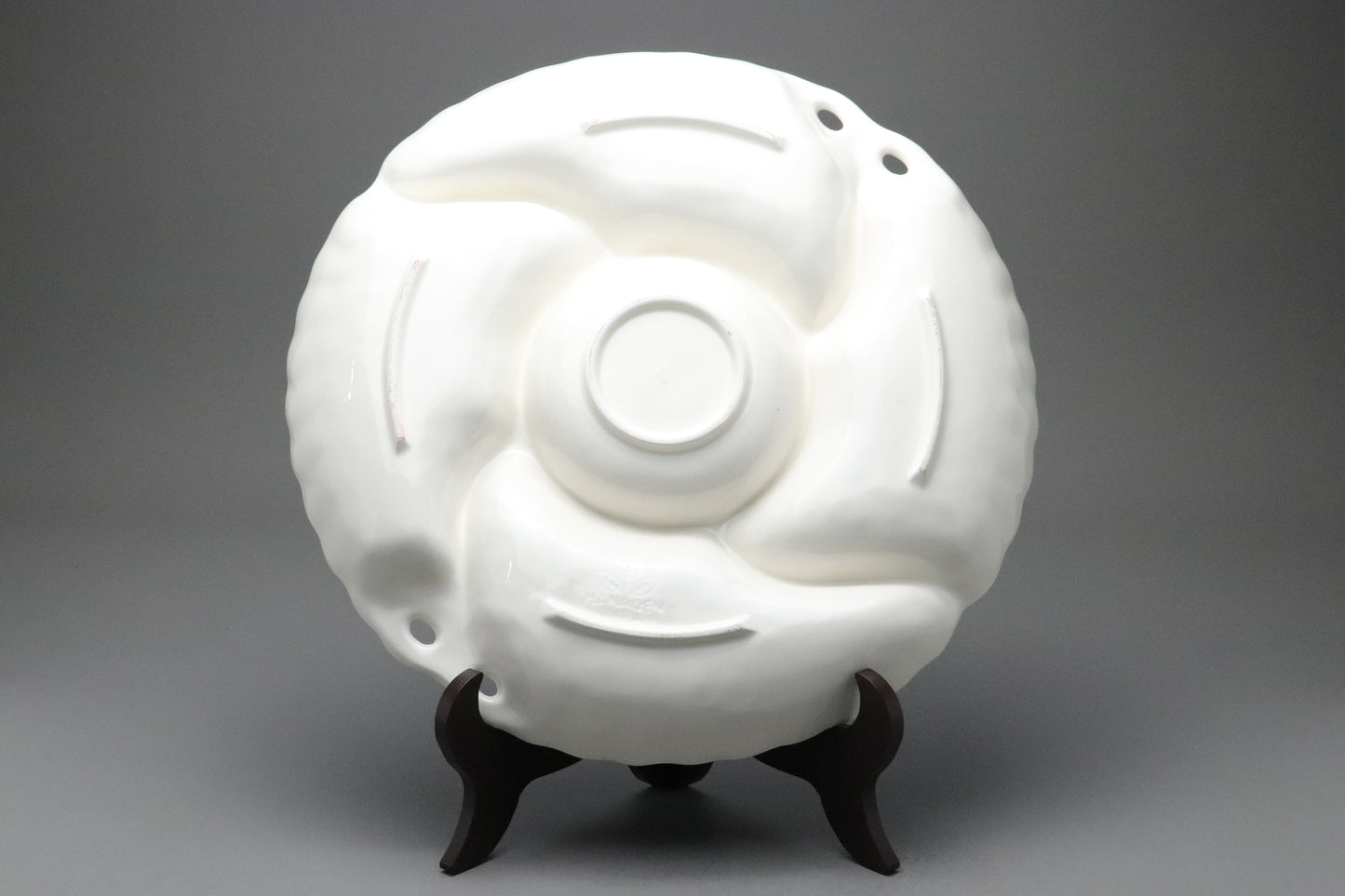 Hanagen Japan | Japanese Pottery | Hummingbird | Divided Serving Plate | Chip and Dip Tray | White Porcelain | Scalloped | Bow Ribbon Relief