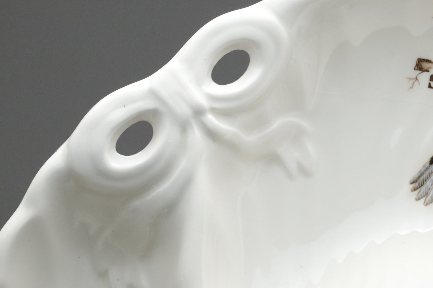 Hanagen Japan | Japanese Pottery | Hummingbird | Divided Serving Plate | Chip and Dip Tray | White Porcelain | Scalloped | Bow Ribbon Relief