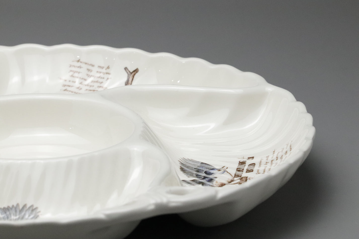Hanagen Japan | Japanese Pottery | Hummingbird | Divided Serving Plate | Chip and Dip Tray | White Porcelain | Scalloped | Bow Ribbon Relief