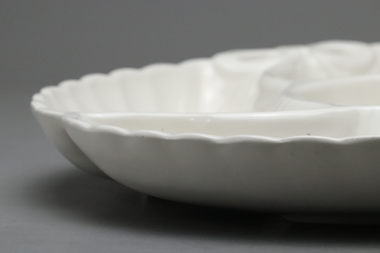 Hanagen Japan | Japanese Pottery | Hummingbird | Divided Serving Plate | Chip and Dip Tray | White Porcelain | Scalloped | Bow Ribbon Relief
