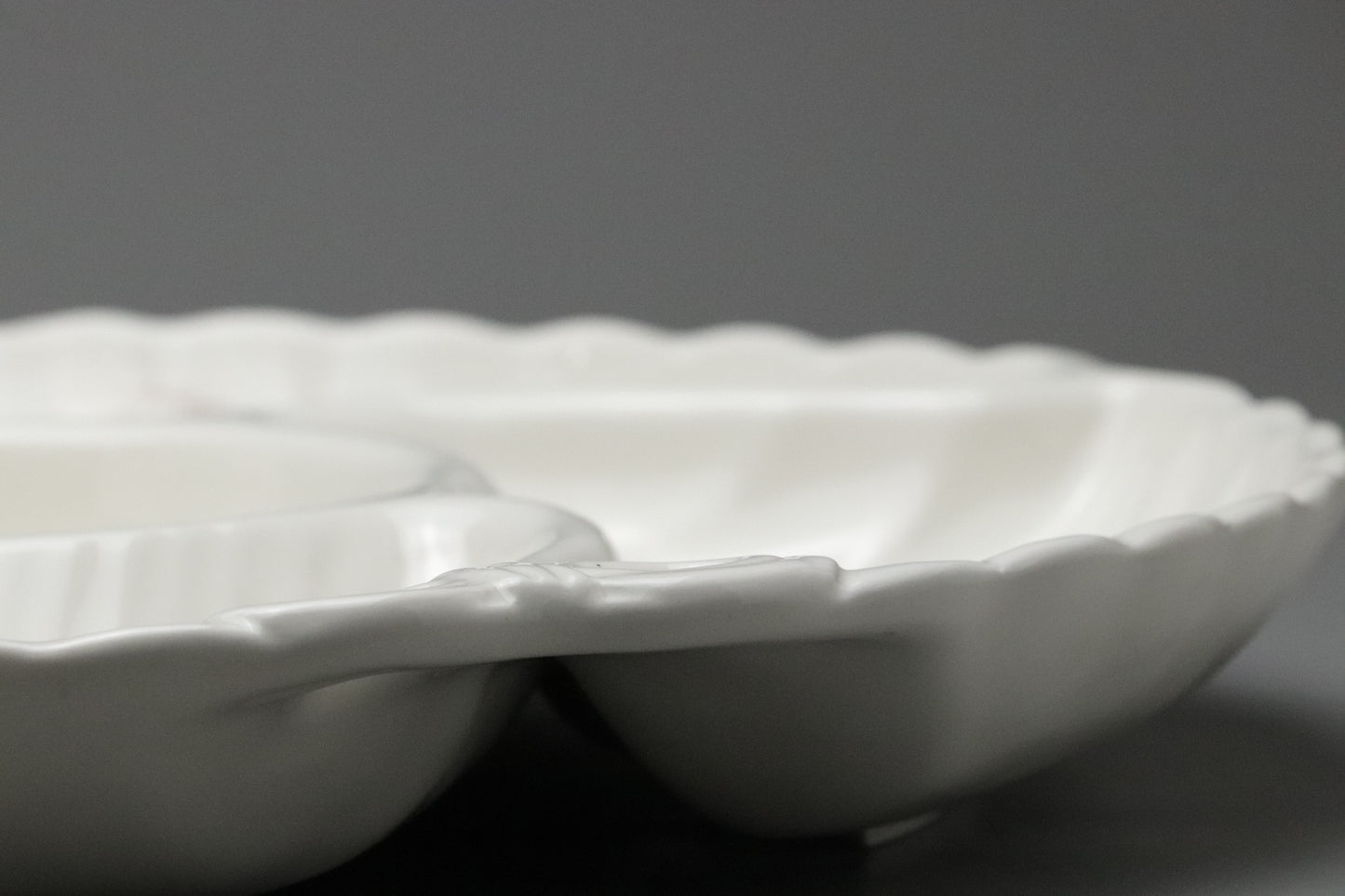 Hanagen Japan | Japanese Pottery | Hummingbird | Divided Serving Plate | Chip and Dip Tray | White Porcelain | Scalloped | Bow Ribbon Relief