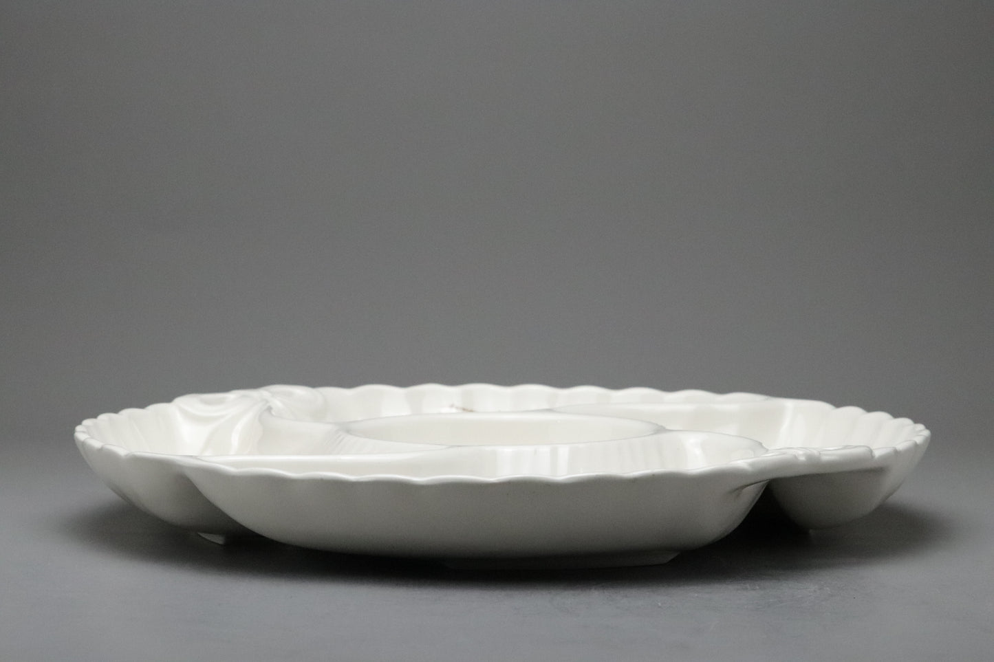 Hanagen Japan | Japanese Pottery | Hummingbird | Divided Serving Plate | Chip and Dip Tray | White Porcelain | Scalloped | Bow Ribbon Relief