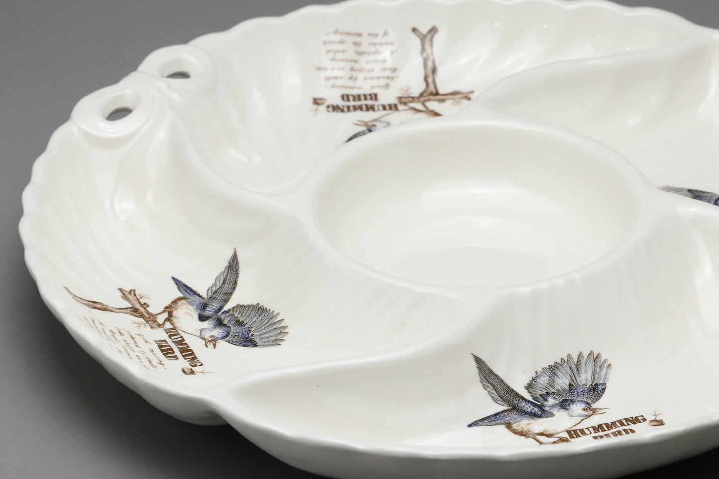 Hanagen Japan | Japanese Pottery | Hummingbird | Divided Serving Plate | Chip and Dip Tray | White Porcelain | Scalloped | Bow Ribbon Relief