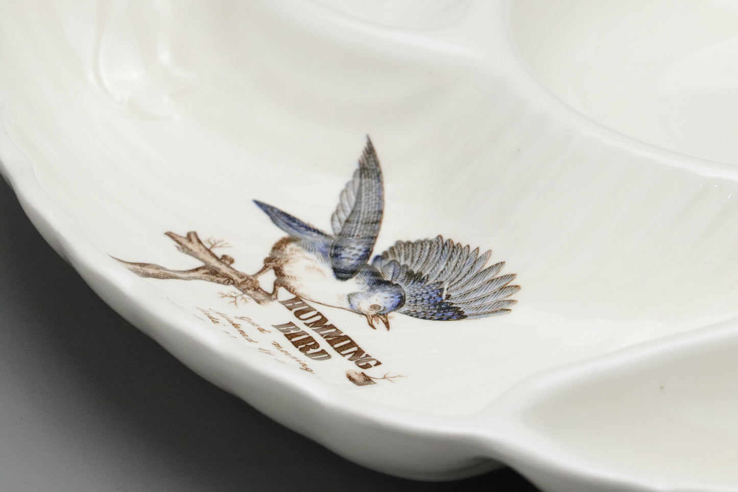 Hanagen Japan | Japanese Pottery | Hummingbird | Divided Serving Plate | Chip and Dip Tray | White Porcelain | Scalloped | Bow Ribbon Relief