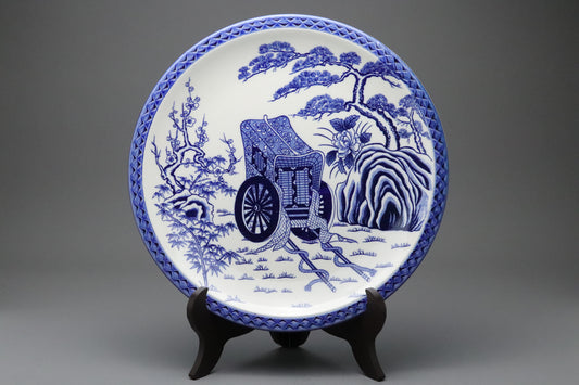 Japanese Blue and White Porcelain Plate | Hand Painted | Imperial Cart | Pine Bamboo Plum | Sometsuke | Goshoguruma |　Decorative Platter