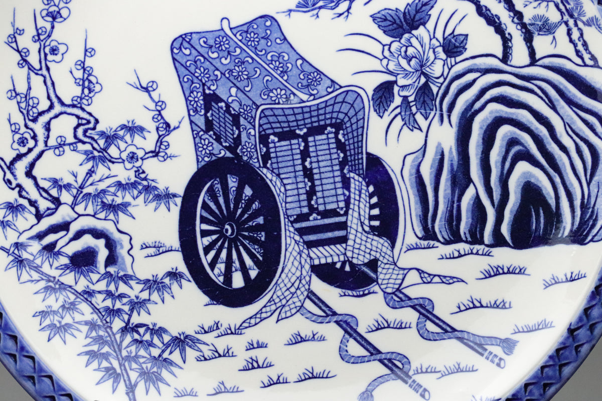 Japanese Blue and White Porcelain Plate | Hand Painted | Imperial Cart | Pine Bamboo Plum | Sometsuke | Goshoguruma |　Decorative Platter