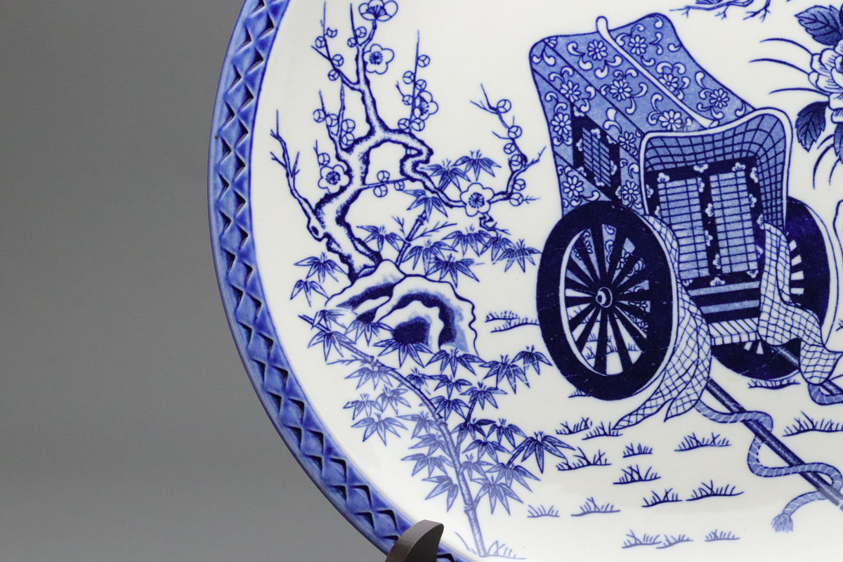 Japanese Blue and White Porcelain Plate | Hand Painted | Imperial Cart | Pine Bamboo Plum | Sometsuke | Goshoguruma |　Decorative Platter