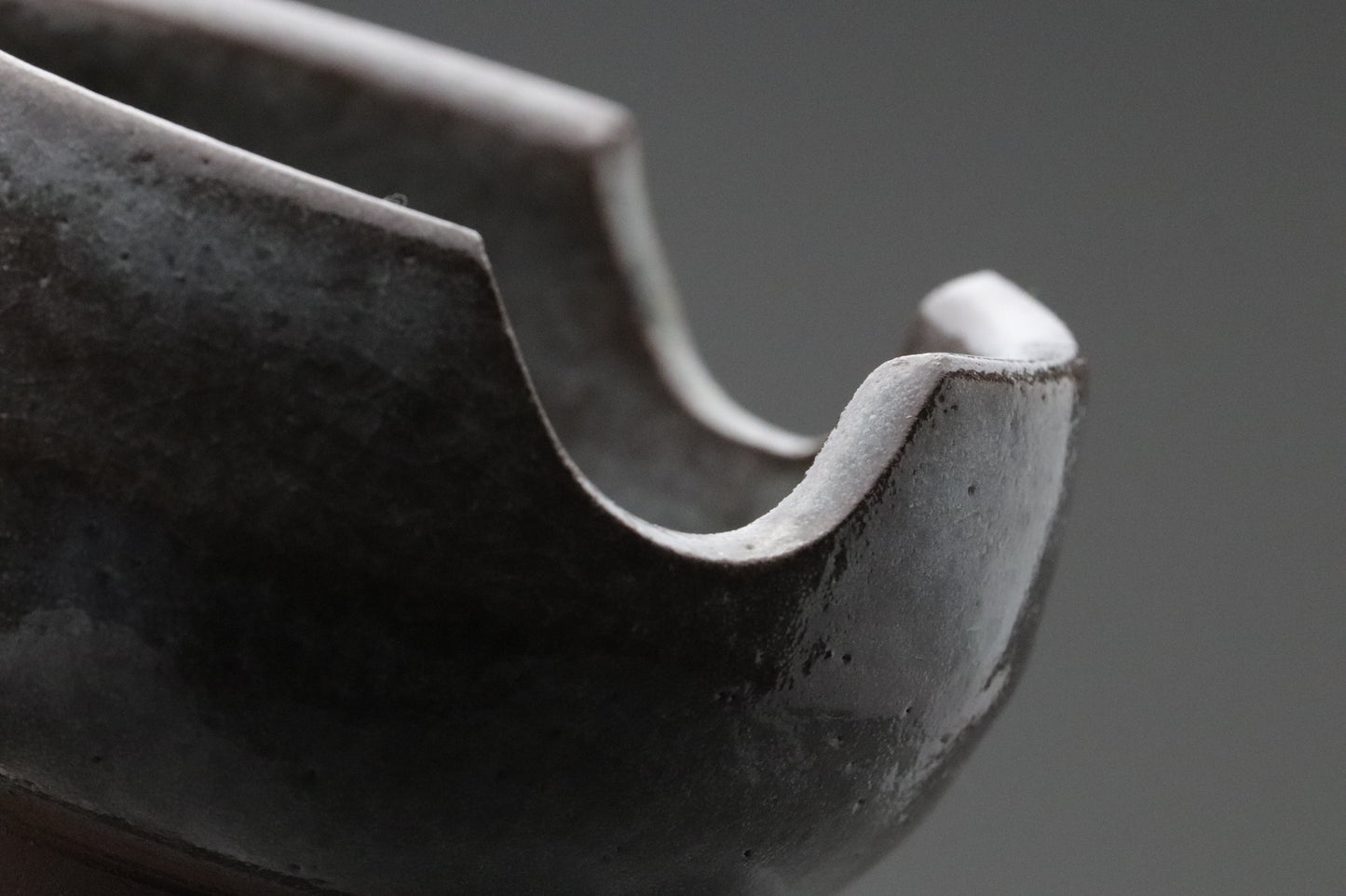 Japanese Pottery | Tea Bowl | Wabi Sabi | Minimalist Art | Dark Gray | Scalloped Rim | Hand Thrown | Ceramic Art | Zen Decor | Unique Shape