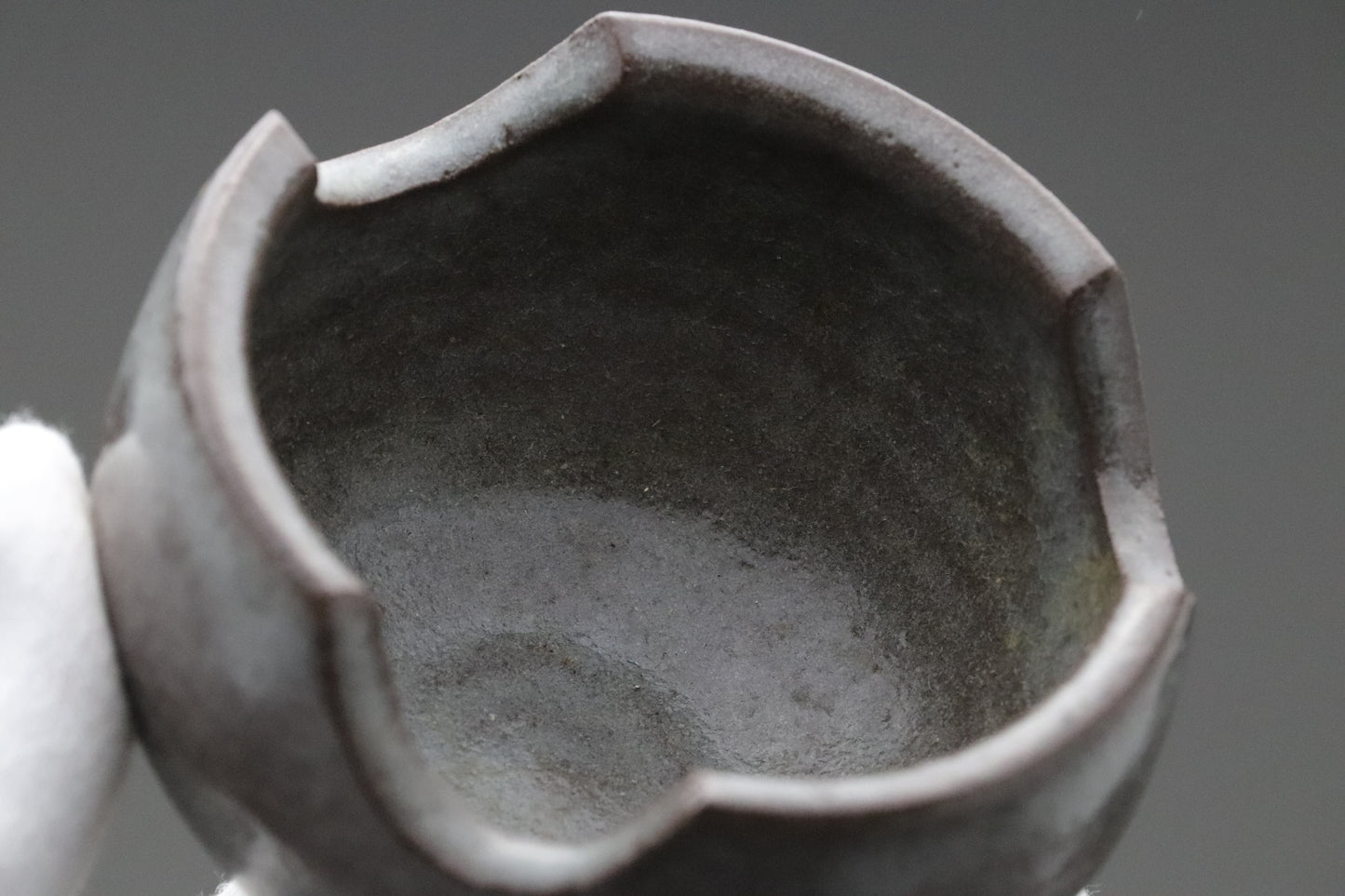 Japanese Pottery | Tea Bowl | Wabi Sabi | Minimalist Art | Dark Gray | Scalloped Rim | Hand Thrown | Ceramic Art | Zen Decor | Unique Shape
