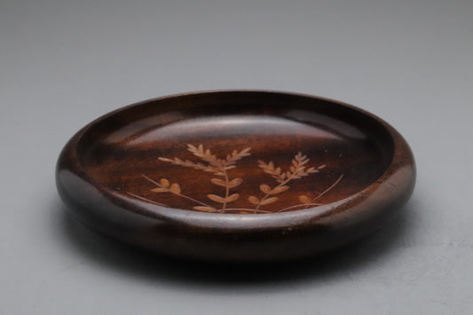 Vintage Japanese Lacquer Tray | Hand Carved Botanical Wood | Zen Wabi Sabi Decor | Round Tea Serving Plate | Rustic Home Kitchen Art Jewelry