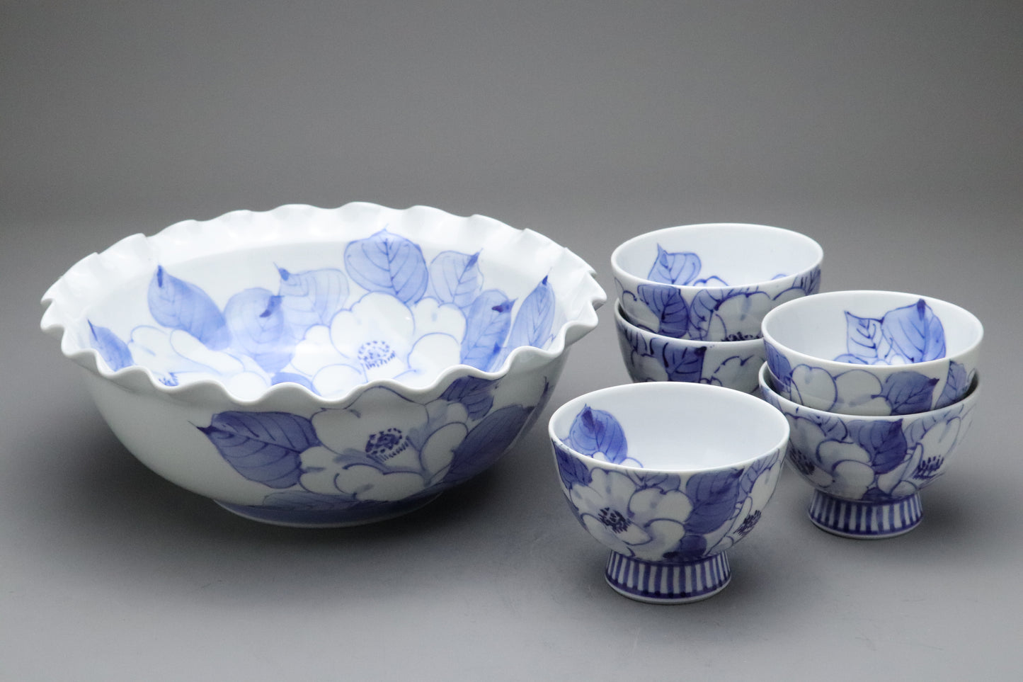 Japanese Kutani Porcelain | Tea Cup Set of 5 | Large Serving Bowl | Blue and White | Camellia | Handpainted Vintage Pottery | Porcelain Sets