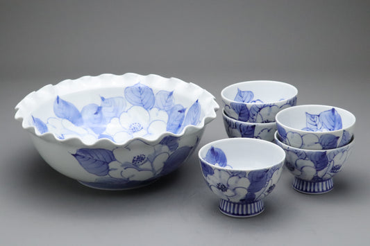 Japanese Kutani Porcelain | Tea Cup Set of 5 | Large Serving Bowl | Blue and White | Camellia | Handpainted Vintage Pottery | Porcelain Sets