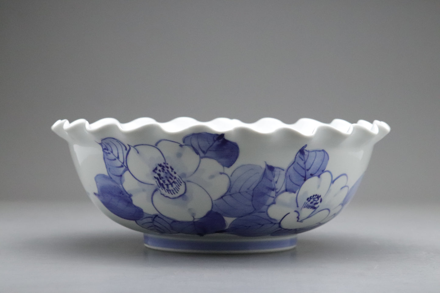 Japanese Kutani Porcelain | Tea Cup Set of 5 | Large Serving Bowl | Blue and White | Camellia | Handpainted Vintage Pottery | Porcelain Sets