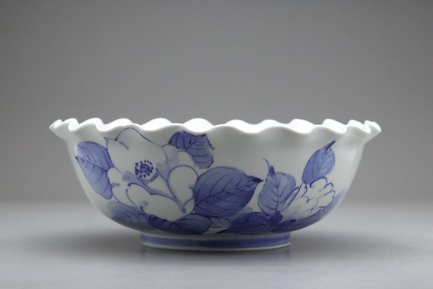 Japanese Kutani Porcelain | Tea Cup Set of 5 | Large Serving Bowl | Blue and White | Camellia | Handpainted Vintage Pottery | Porcelain Sets