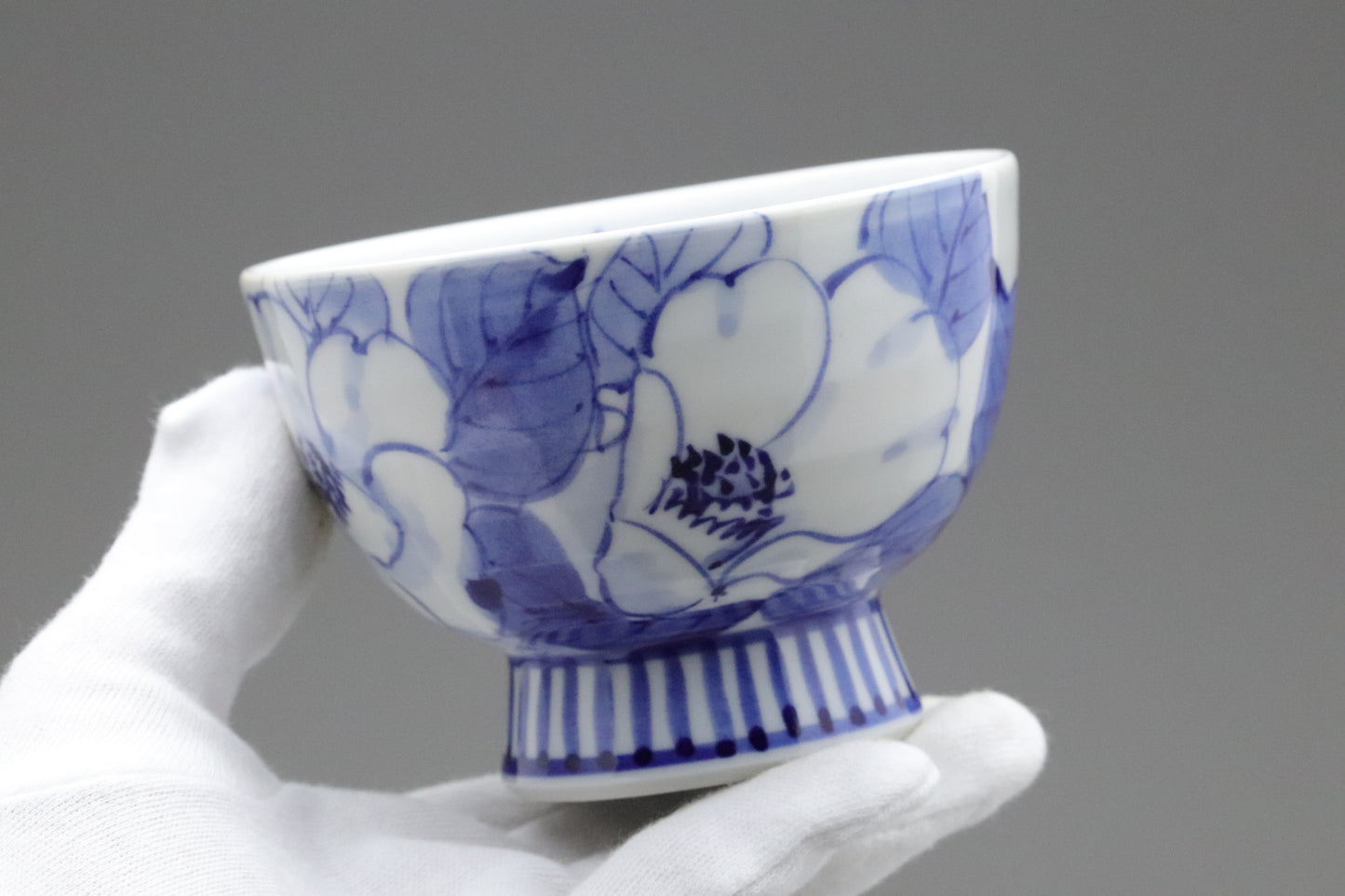 Japanese Kutani Porcelain | Tea Cup Set of 5 | Large Serving Bowl | Blue and White | Camellia | Handpainted Vintage Pottery | Porcelain Sets