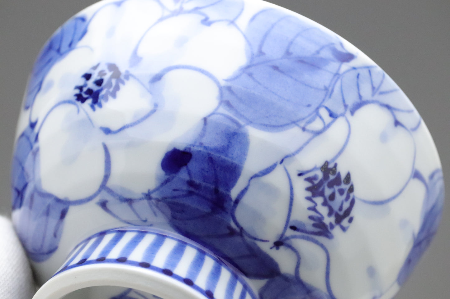 Japanese Kutani Porcelain | Tea Cup Set of 5 | Large Serving Bowl | Blue and White | Camellia | Handpainted Vintage Pottery | Porcelain Sets