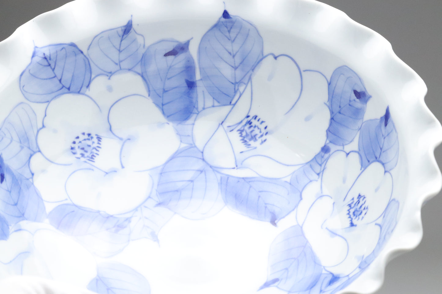 Japanese Kutani Porcelain | Tea Cup Set of 5 | Large Serving Bowl | Blue and White | Camellia | Handpainted Vintage Pottery | Porcelain Sets