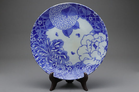 Japanese Imari Plate | Blue and White Porcelain | Large Charger | Hydrangea Chrysanthemum Peony | Hand Painted | Sometsuke | Japan Art
