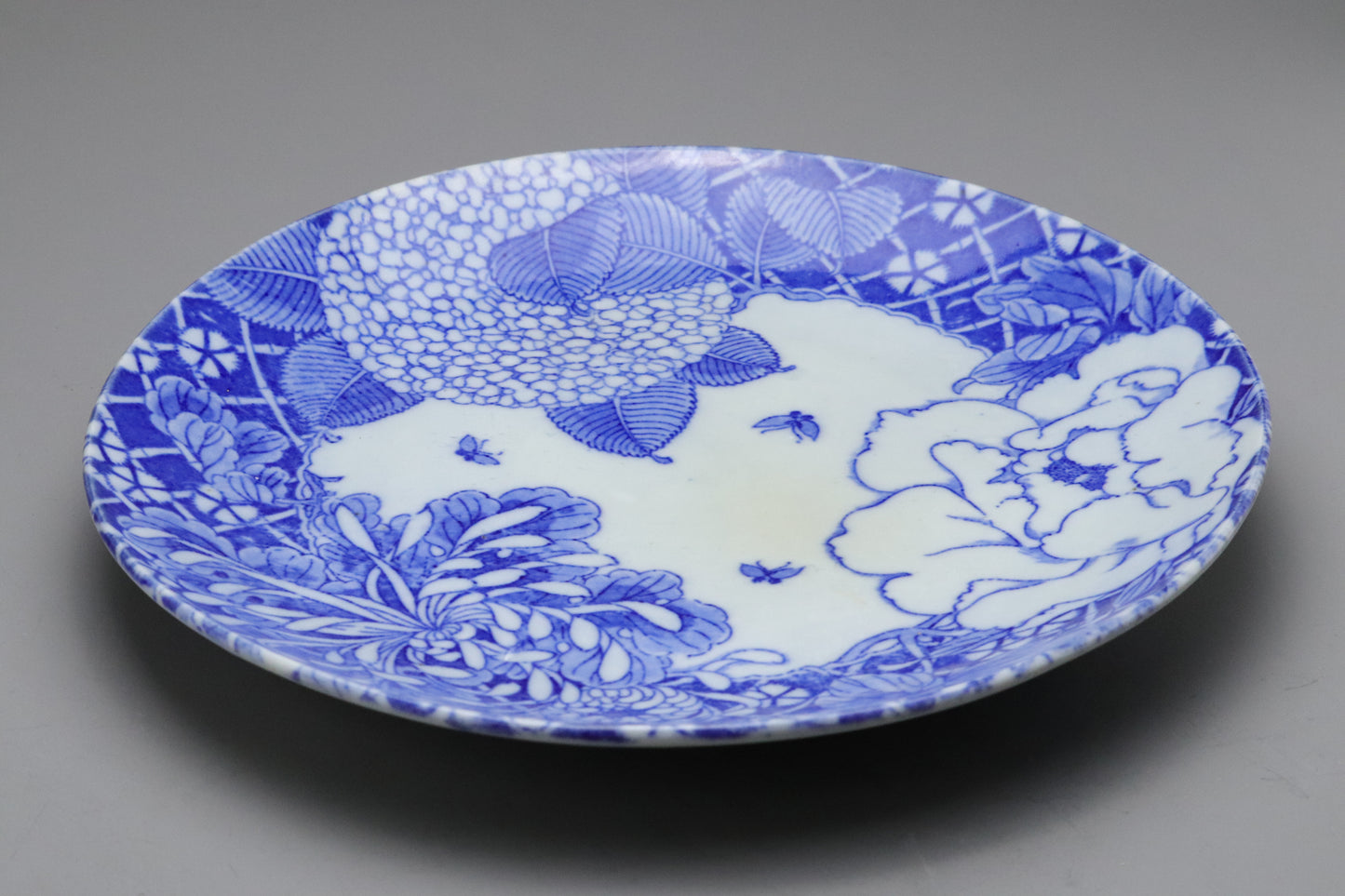 Japanese Imari Plate | Blue and White Porcelain | Large Charger | Hydrangea Chrysanthemum Peony | Hand Painted | Sometsuke | Japan Art