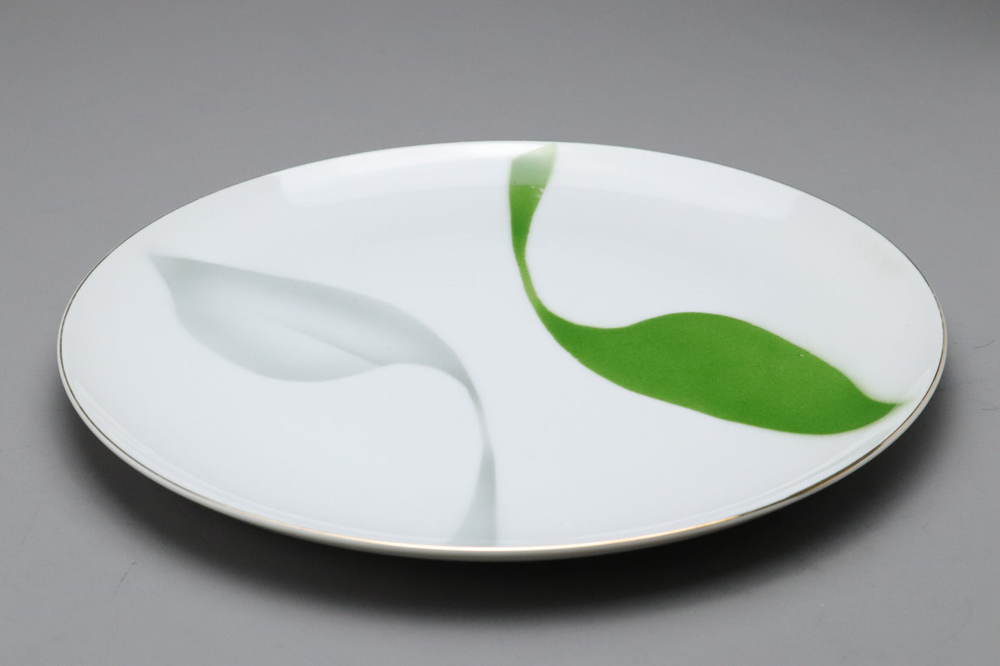 Japanese Vintage Porcelain Plate | Modern Green Leaf Charger | Gold Rim Large Platter | Mid Century Serving Dish | Kitchen Dinnerware Art