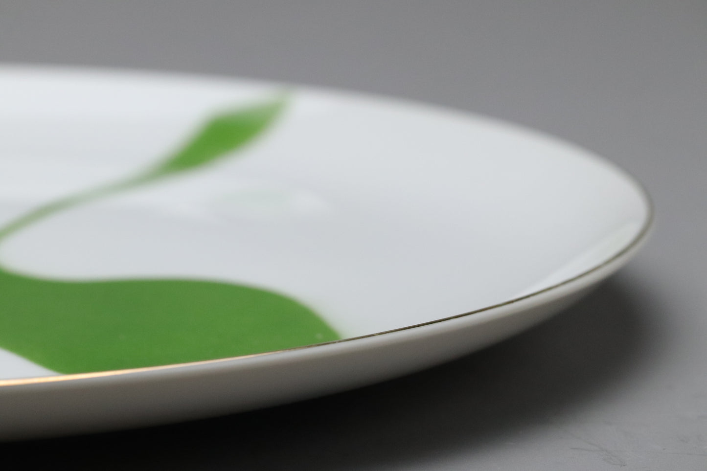 Japanese Vintage Porcelain Plate | Modern Green Leaf Charger | Gold Rim Large Platter | Mid Century Serving Dish | Kitchen Dinnerware Art