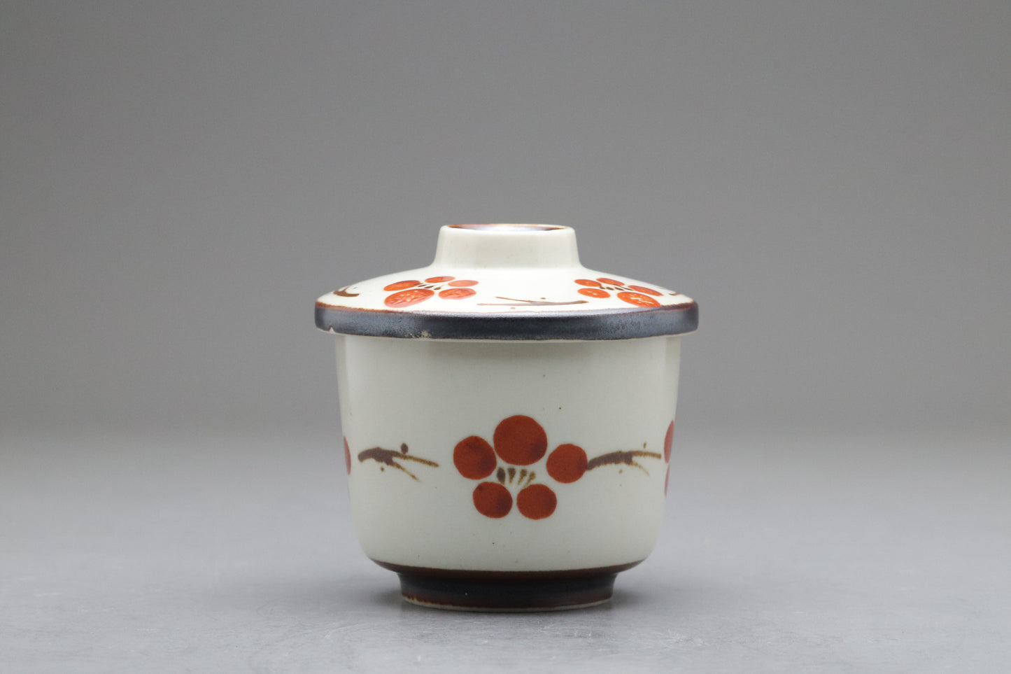 Japanese Vintage Chawanmushi Cups | Set of 4 Lidded Bowls | Handpainted Red Plum | Handcrafted Ceramic Soup Bowls | Cute Floral Ramekins Set