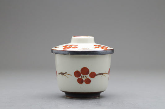 Japanese Vintage Chawanmushi Cups | Set of 4 Lidded Bowls | Handpainted Red Plum | Handcrafted Ceramic Soup Bowls | Cute Floral Ramekins Set