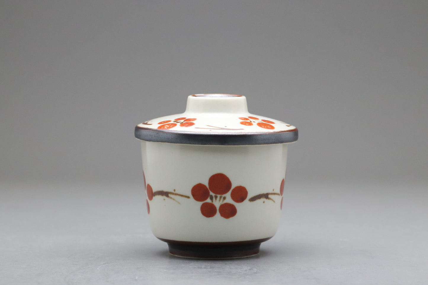 Japanese Vintage Chawanmushi Cups | Set of 4 Lidded Bowls | Handpainted Red Plum | Handcrafted Ceramic Soup Bowls | Cute Floral Ramekins Set