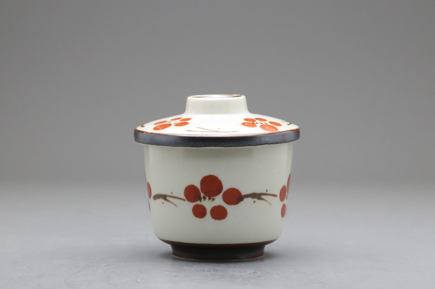 Japanese Vintage Chawanmushi Cups | Set of 4 Lidded Bowls | Handpainted Red Plum | Handcrafted Ceramic Soup Bowls | Cute Floral Ramekins Set