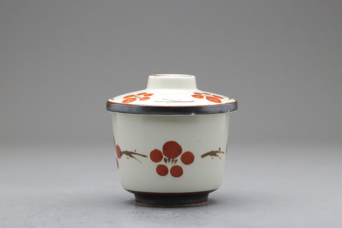 Japanese Vintage Chawanmushi Cups | Set of 4 Lidded Bowls | Handpainted Red Plum | Handcrafted Ceramic Soup Bowls | Cute Floral Ramekins Set