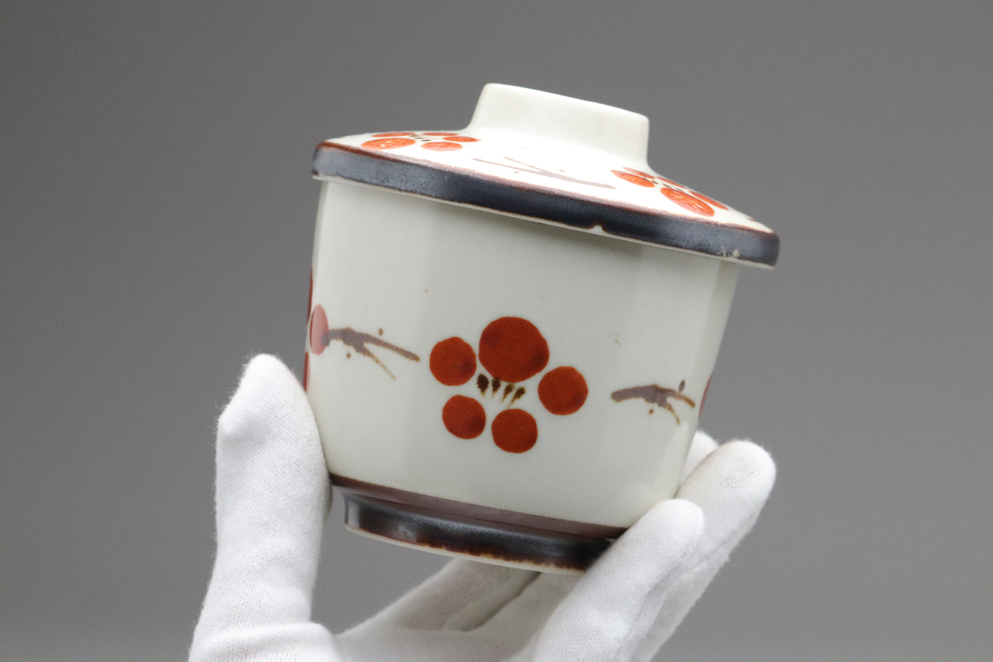 Japanese Vintage Chawanmushi Cups | Set of 4 Lidded Bowls | Handpainted Red Plum | Handcrafted Ceramic Soup Bowls | Cute Floral Ramekins Set