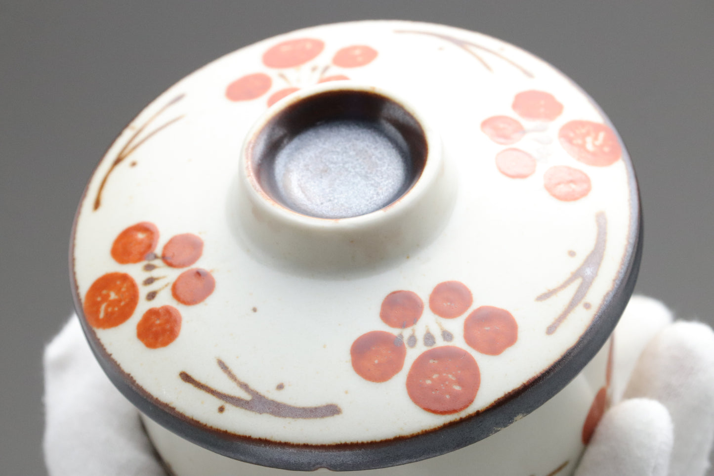 Japanese Vintage Chawanmushi Cups | Set of 4 Lidded Bowls | Handpainted Red Plum | Handcrafted Ceramic Soup Bowls | Cute Floral Ramekins Set