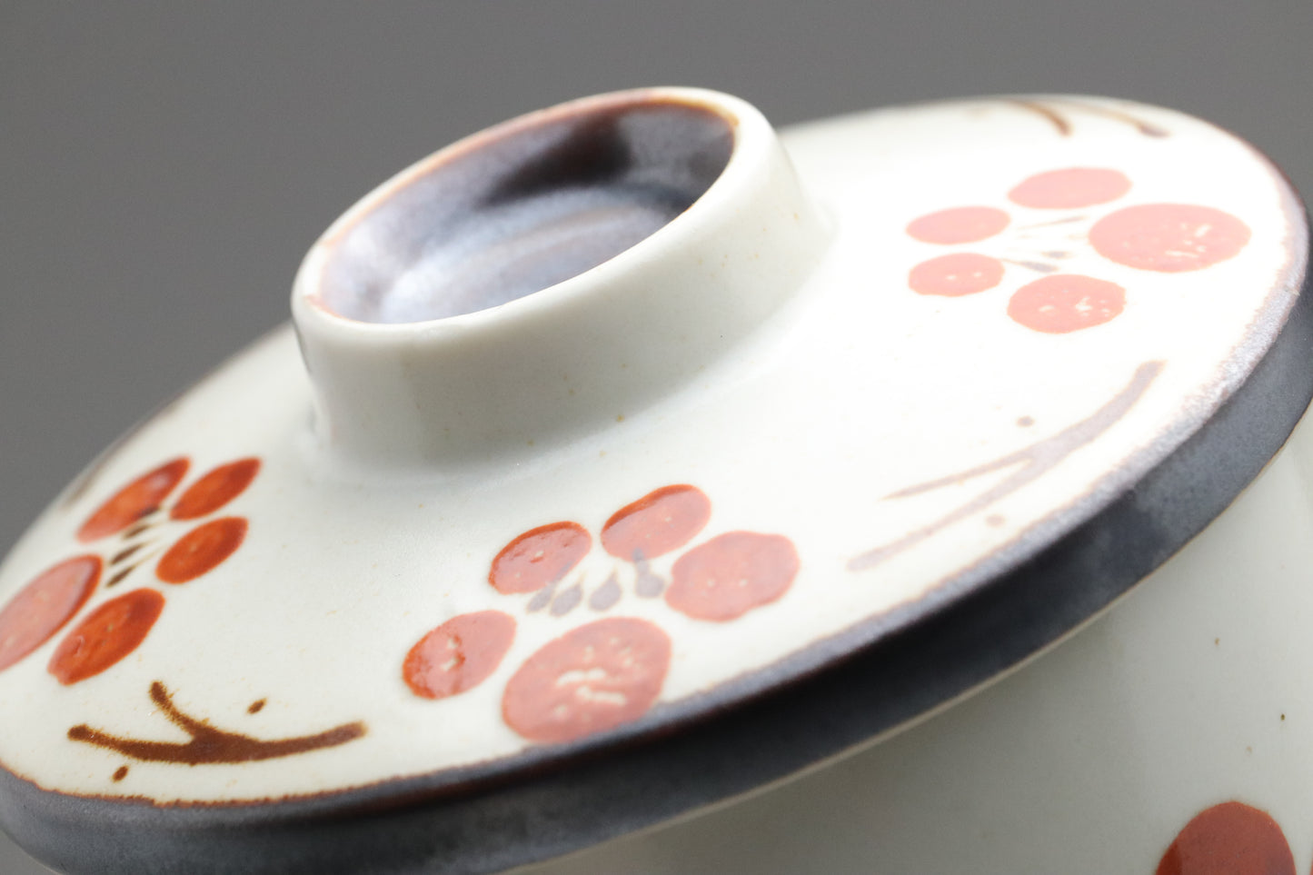 Japanese Vintage Chawanmushi Cups | Set of 4 Lidded Bowls | Handpainted Red Plum | Handcrafted Ceramic Soup Bowls | Cute Floral Ramekins Set