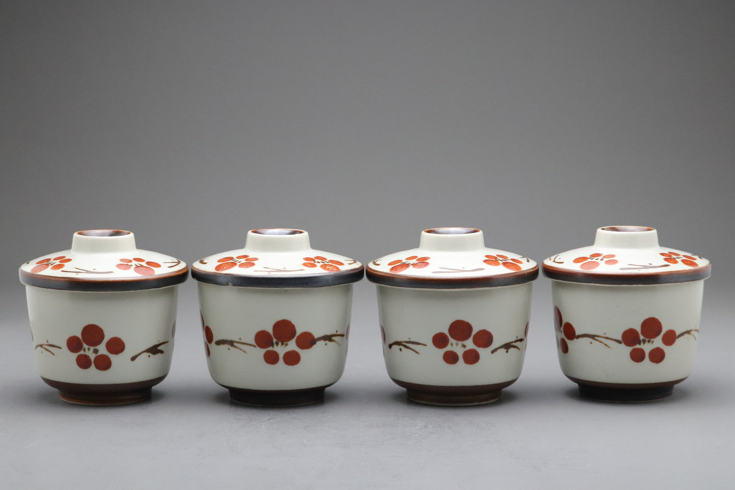 Japanese Vintage Chawanmushi Cups | Set of 4 Lidded Bowls | Handpainted Red Plum | Handcrafted Ceramic Soup Bowls | Cute Floral Ramekins Set