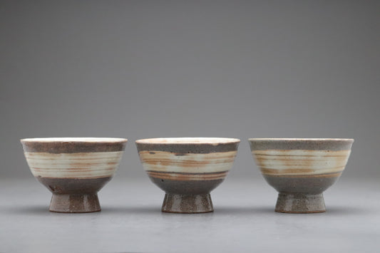 Japanese Pottery Bowls Set of 3 | Matcha Bowls Small | Vintage Wabi Sabi High Footed  | Striped Ceramics | Tea Ceremony Cups | Earthy Brown
