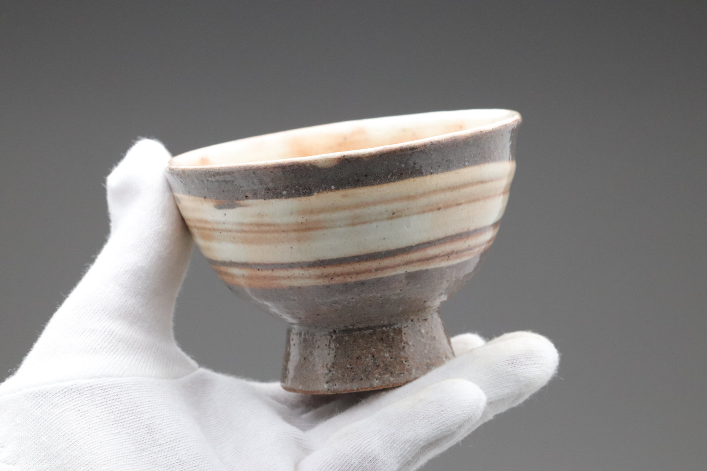 Japanese Pottery Bowls Set of 3 | Matcha Bowls Small | Vintage Wabi Sabi High Footed  | Striped Ceramics | Tea Ceremony Cups | Earthy Brown