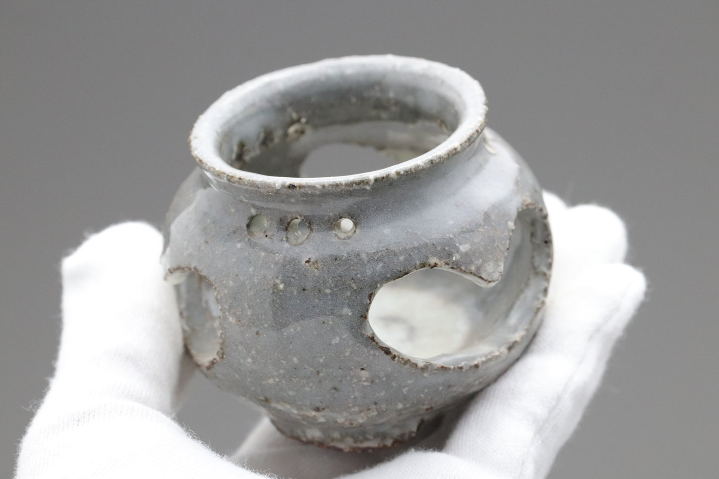 Japanese Pottery | Incense Burner Koro Inome | Studio Pottery | Stoneware | Wabi Sabi | Tea Ceremony Candle Holder | Gray Glaze | Stoneware
