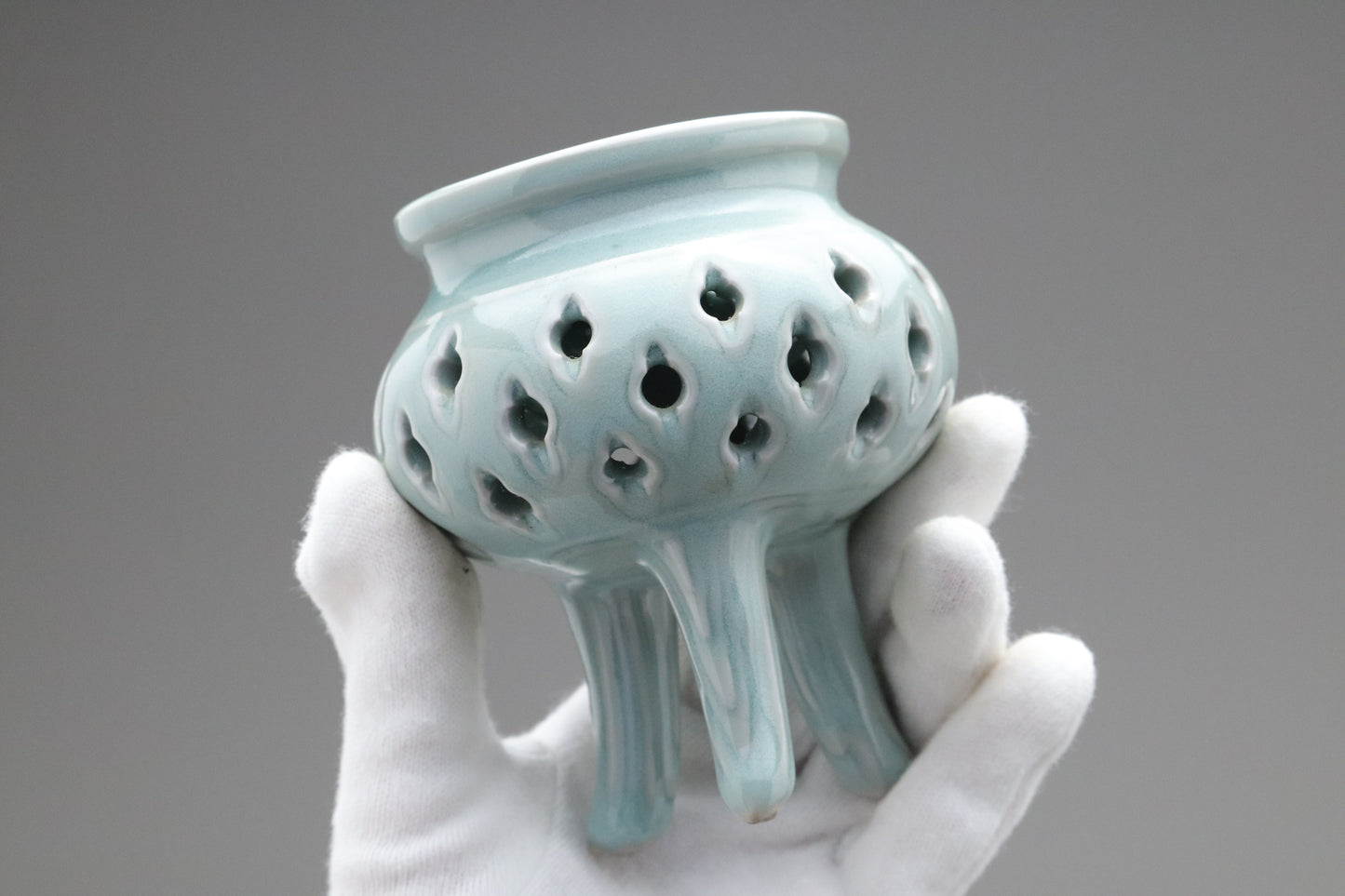 Celadon Incense Burner | Tripod Koro | Japanese Porcelain | Pierced Pottery | Green Asian Antique | Home Decor | Meditatoion Insert Catcher